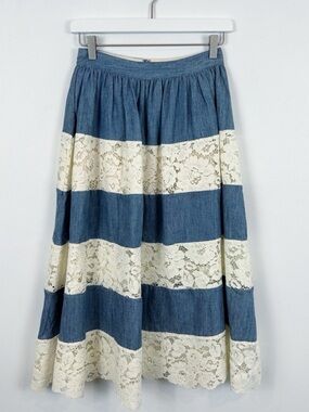 Alice + Olivia Blue Chambray & Cream Lace Tiered A-Line Skirt Size 2